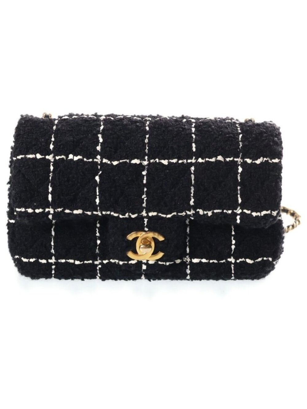 Chanel Mini Quilted 20 Tweed Chain Shoulder Bag Gold Black